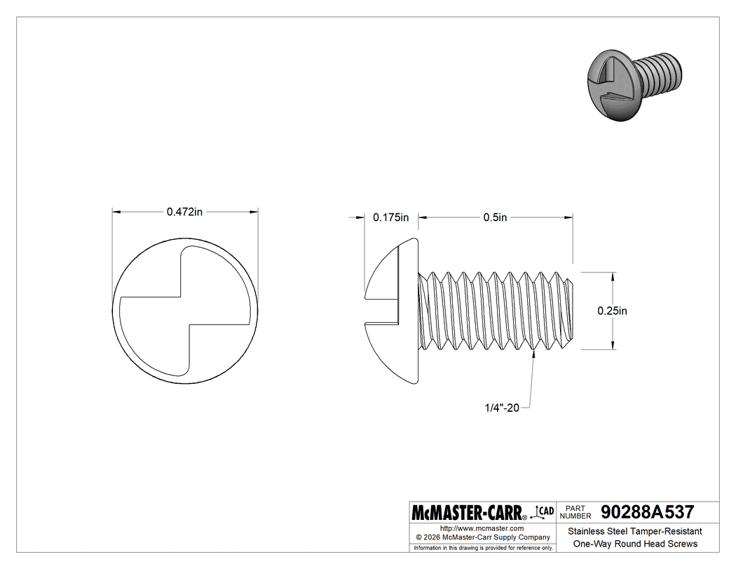 Technical Drawing of Stainless Steel Tamper-Resistant One-Way Round Head Screws, 1/4"-20 Thread Size, 1/2" Long.